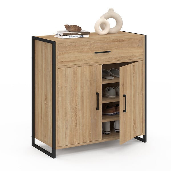 ID MARKET - Armoire à chaussures 12 paires LUIS 2 portes avec tiroir design industriel - large