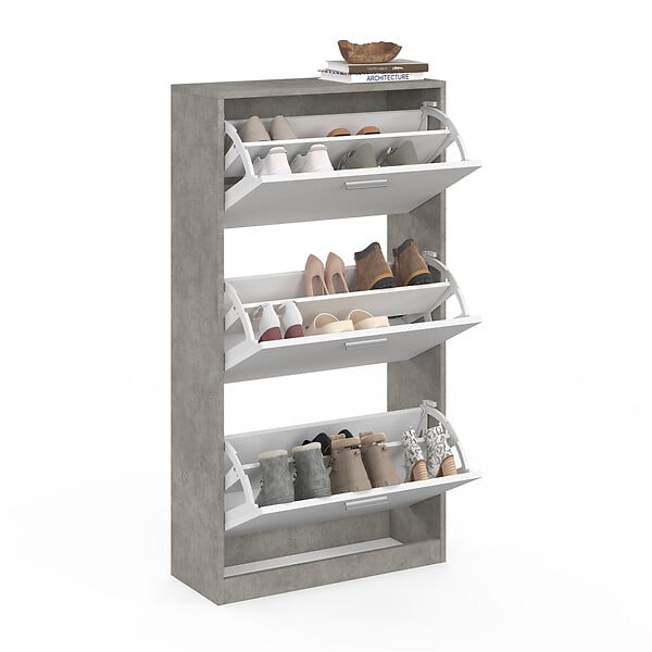 ID MARKET - Meuble à chaussures 18 paires KLARK effet béton 3 portes blanches - large