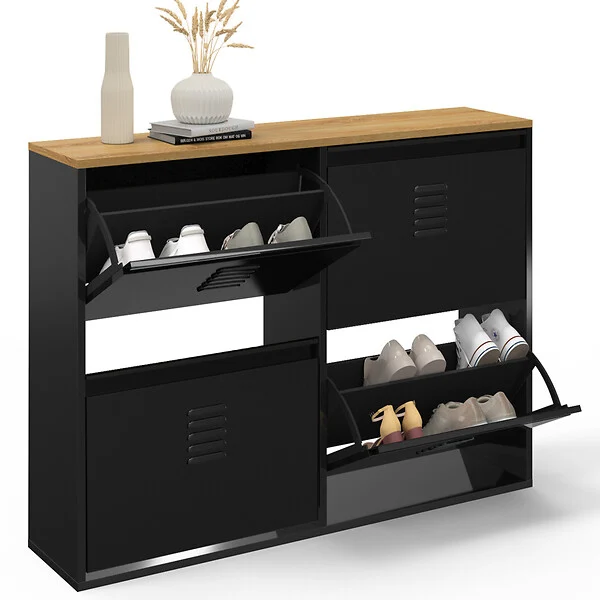 ID MARKET - Meuble à chaussures 20 paires ESTER 4 portes métal noir et plateau façon hêtre design industriel - large