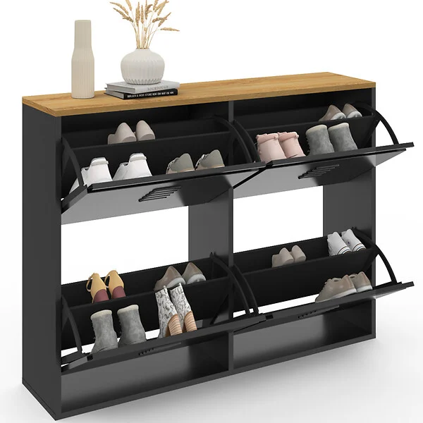 ID MARKET - Meuble à chaussures 20 paires ESTER 4 portes métal noir et plateau façon hêtre design industriel - large