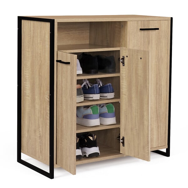 ID MARKET - Armoire à chaussures 18 paires LUIS 3 portes avec niche design industriel - large