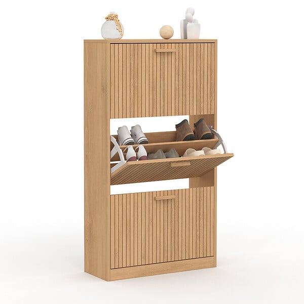 ID MARKET - Meuble à chaussures 18 paires JULIETTE 3 portes lattes tasseau bois coloris chêne - large