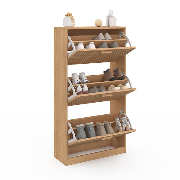 ID MARKET - Meuble à chaussures 18 paires JULIETTE 3 portes lattes tasseau bois coloris chêne - large