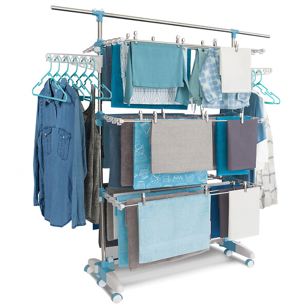 ID MARKET - Séchoir à linge vertical pliable 3 niveaux OPTIMUM capacité 30M avec tringle télescopique cintres et pinces blanc et bleu - large