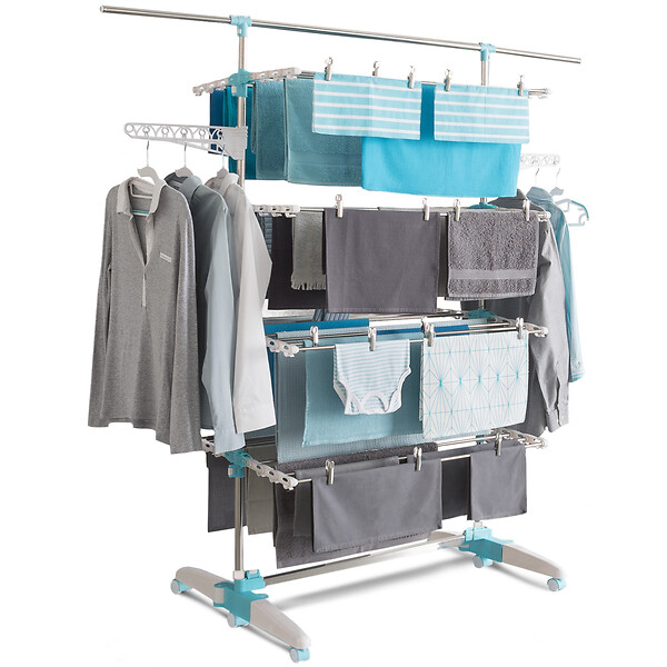 ID MARKET - Séchoir à linge vertical pliable 4 niveaux OPTIMUM capacité 30M avec tringle télescopique blanc et bleu - large