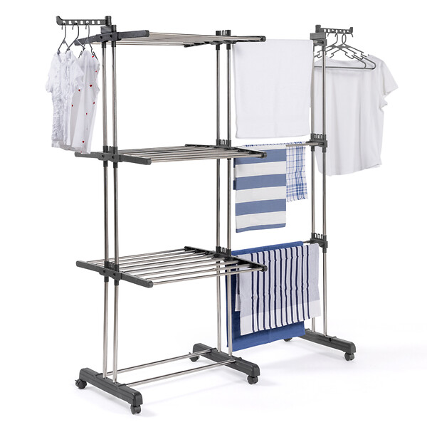 ID MARKET - Séchoir à linge vertical pliable et extensible 3 niveaux GIGA capacité 27M avec cintres et pinces inox et gris - large