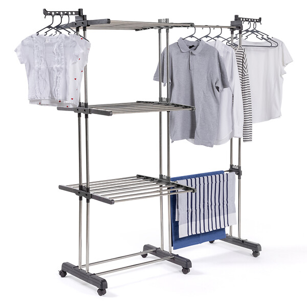 ID MARKET - Séchoir à linge vertical pliable et extensible 3 niveaux GIGA capacité 27M avec cintres et pinces inox et gris - large