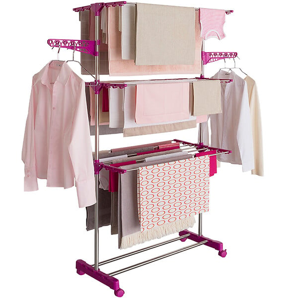 ID MARKET - Séchoir à linge vertical pliable 3 niveaux MAXIMA capacité 20M inox et rose - large