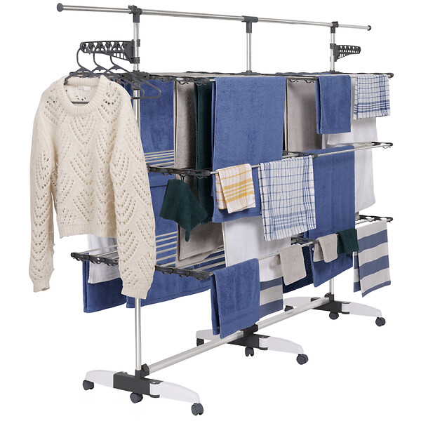 ID MARKET - Séchoir à linge vertical pliable 3 niveaux SUPRA capacité 50M avec tringle télescopique blanc et gris - large