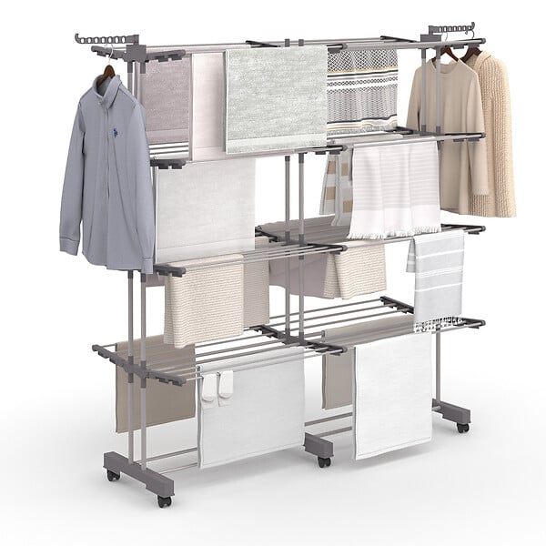 ID MARKET - Séchoir à linge vertical pliable et extensible 4 niveaux MAXI capacité 50M inox et gris - large