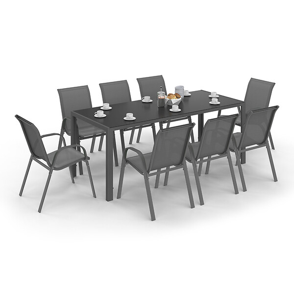 ID MARKET - Salon de jardin MADRID table 190 CM et 8 chaises empilables gris anthracite - large