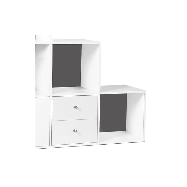 ID MARKET - Meuble de rangement en escalier LIAM 3 niveaux bois blanc fond gris avec porte et tiroirs - large