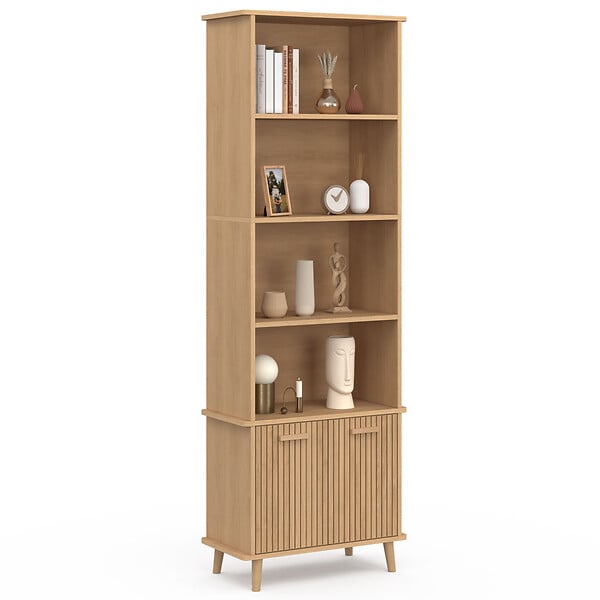 ID MARKET - Etagère bibliothèque 4 niveaux avec placard JULIETTE lattes tasseau bois coloris chêne - large