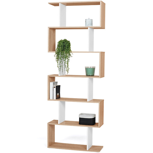 ID MARKET - Etagère bibliothèque SOFIA forme S façon hêtre et blanc 189 cm - large