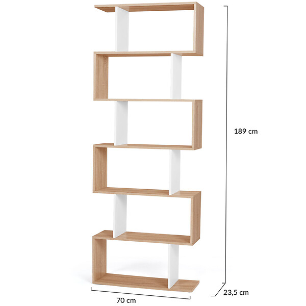 ID MARKET - Etagère bibliothèque SOFIA forme S façon hêtre et blanc 189 cm - large