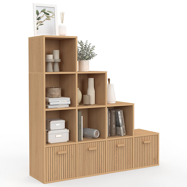 ID MARKET - Meuble de rangement en escalier LORYS 4 niveaux effet lattes JULIETTE avec 4 tiroirs en tissu - large