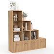 ID MARKET - Meuble de rangement en escalier LORYS 4 niveaux effet lattes JULIETTE avec 4 tiroirs en tissu - vignette