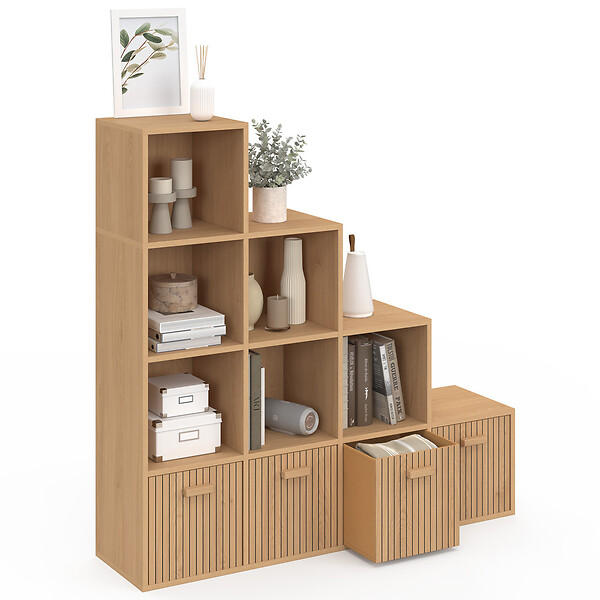 ID MARKET - Meuble de rangement en escalier LORYS 4 niveaux effet lattes JULIETTE avec 4 tiroirs en tissu - large