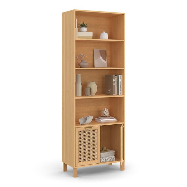 ID MARKET - Etagère bibliothèque 4 niveaux avec placard EDHEN cannage et bois - large