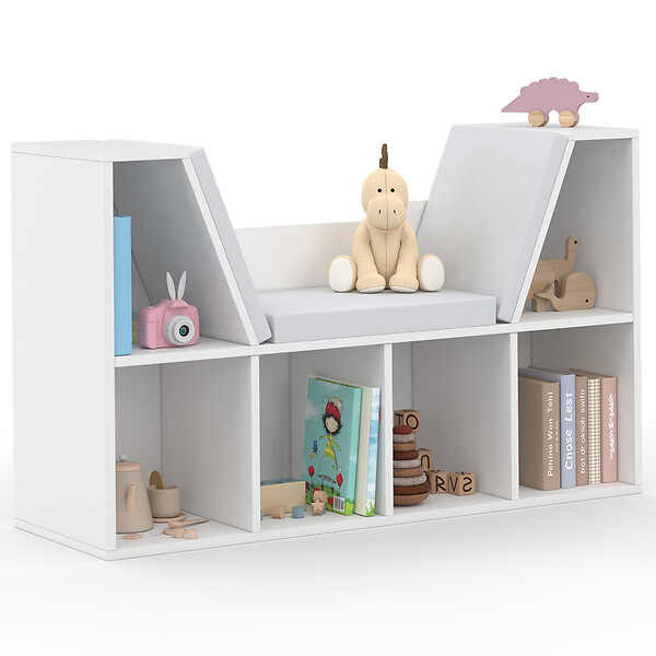 ID MARKET - Bibliothèque banc OSCAR 6 cases avec coussins gris 102 cm blanc - large