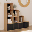 ID MARKET - Meuble de rangement en escalier LORYS 4 niveaux bois et noir avec 4 tiroirs en tissu - vignette