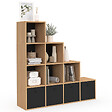 ID MARKET - Meuble de rangement en escalier LORYS 4 niveaux bois et noir avec 4 tiroirs en tissu - vignette