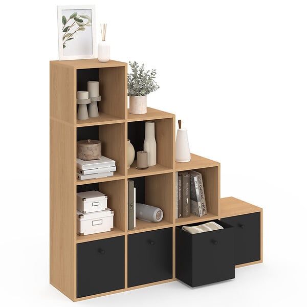 ID MARKET - Meuble de rangement en escalier LORYS 4 niveaux bois et noir avec 4 tiroirs en tissu - large