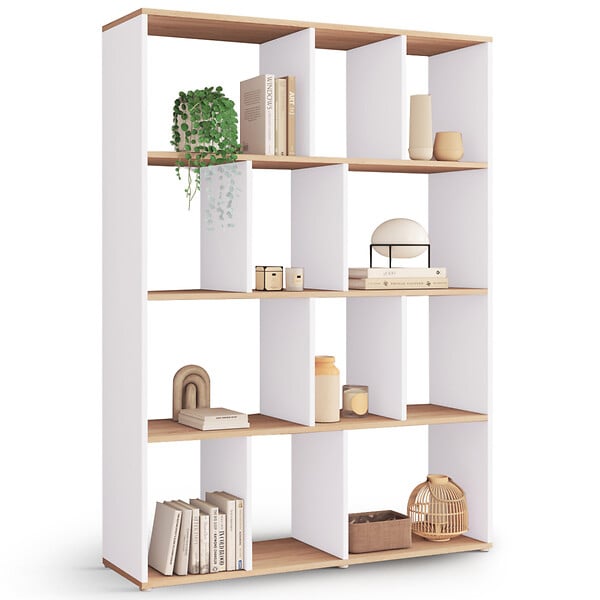 ID MARKET - Etagère bibliothèque JENA 4 niveaux blanc et effet bois 143 cm - large