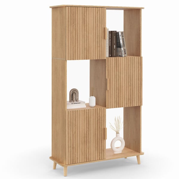 ID MARKET - Etagère bibliothèque 6 cases JULIETTE lattes tasseau bois coloris chêne avec placard - large