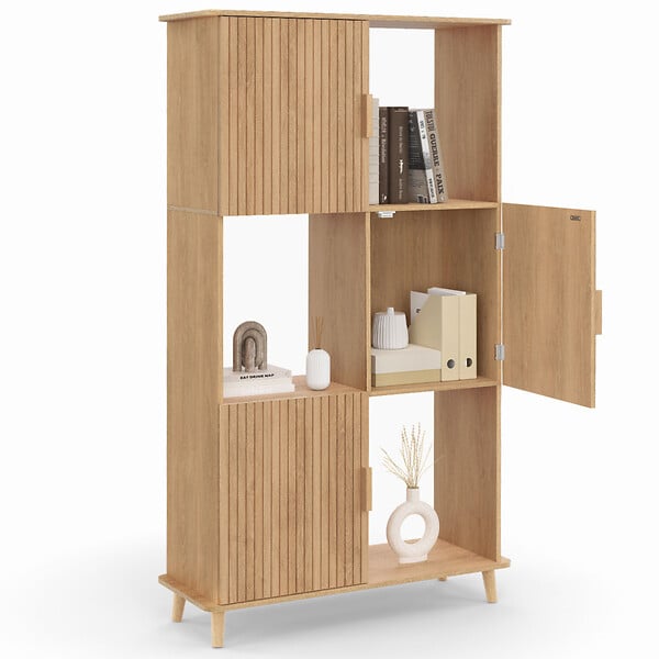ID MARKET - Etagère bibliothèque 6 cases JULIETTE lattes tasseau bois coloris chêne avec placard - large