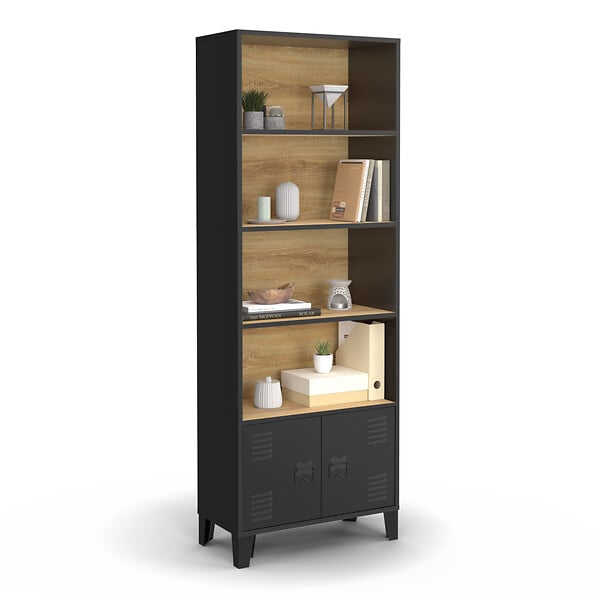 ID MARKET - Etagère bibliothèque 5 niveaux avec placard ESTER portes métal noir et plateau bois design industriel - large