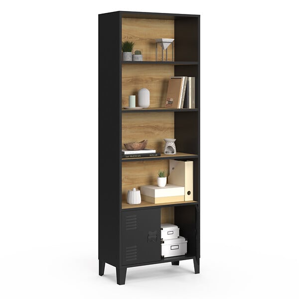 ID MARKET - Etagère bibliothèque 5 niveaux avec placard ESTER portes métal noir et plateau bois design industriel - large