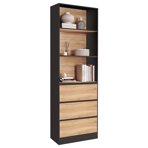 ID MARKET - Etagère bibliothèque CARLA 3 niveaux 3 tiroirs noir et effet bois 190 cm - large