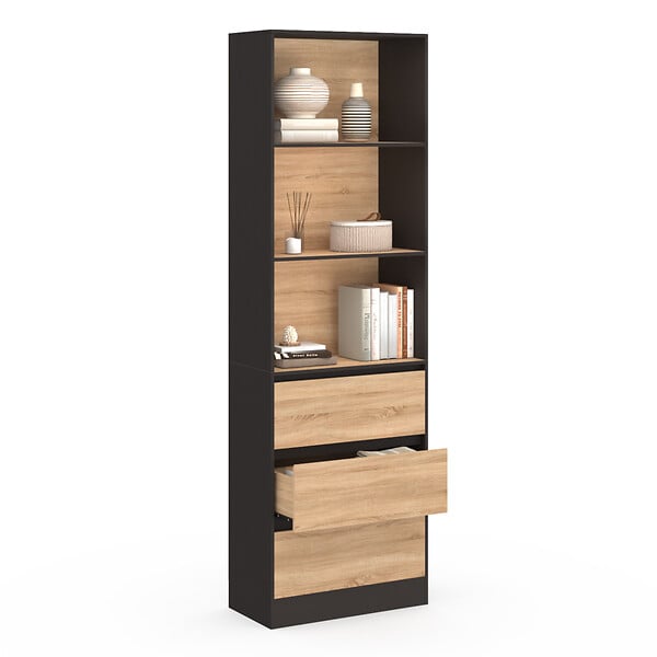 ID MARKET - Etagère bibliothèque CARLA 3 niveaux 3 tiroirs noir et effet bois 190 cm - large