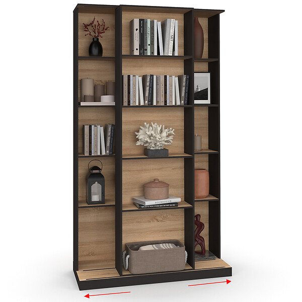 ID MARKET - Bibliothèque coulissante ALPHONSE 5 niveaux 15 niches bois et noir - large