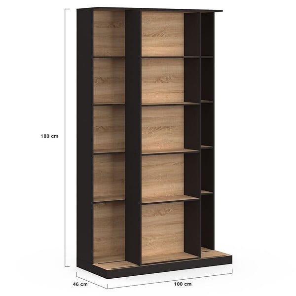 ID MARKET - Bibliothèque coulissante ALPHONSE 5 niveaux 15 niches bois et noir - large