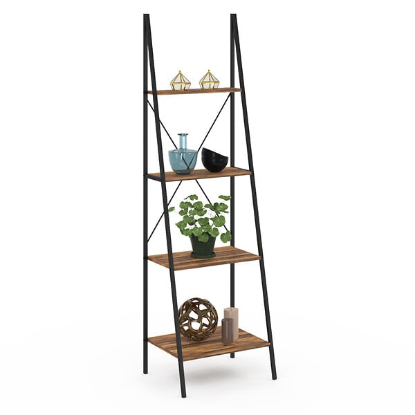 ID MARKET - Etagère échelle 4 niveaux HAWKINS bois foncé design industriel 170 cm - large