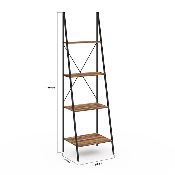 ID MARKET - Etagère échelle 4 niveaux HAWKINS bois foncé design industriel 170 cm - large