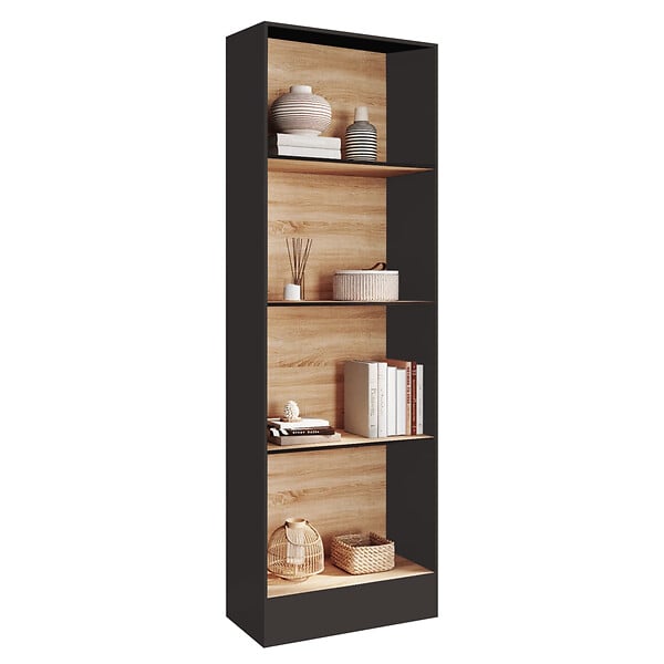 ID MARKET - Etagère bibliothèque CARLA 5 niveaux noir et effet bois 190 cm - large