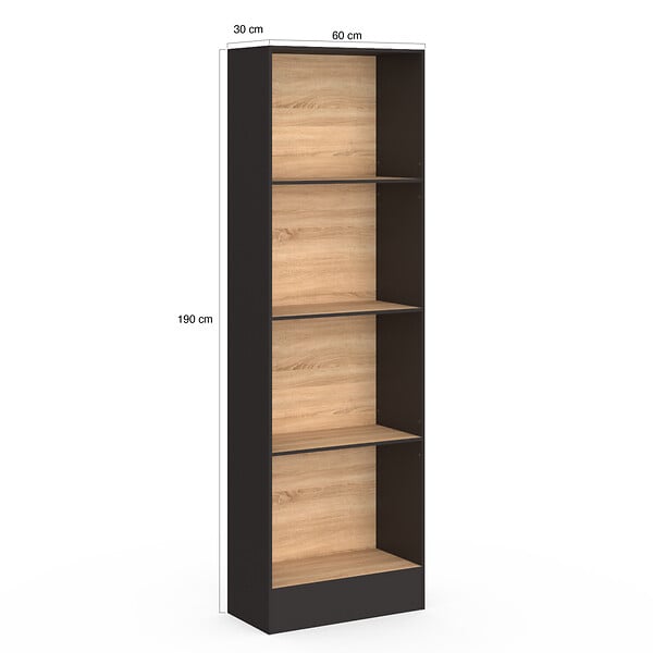ID MARKET - Etagère bibliothèque CARLA 5 niveaux noir et effet bois 190 cm - large