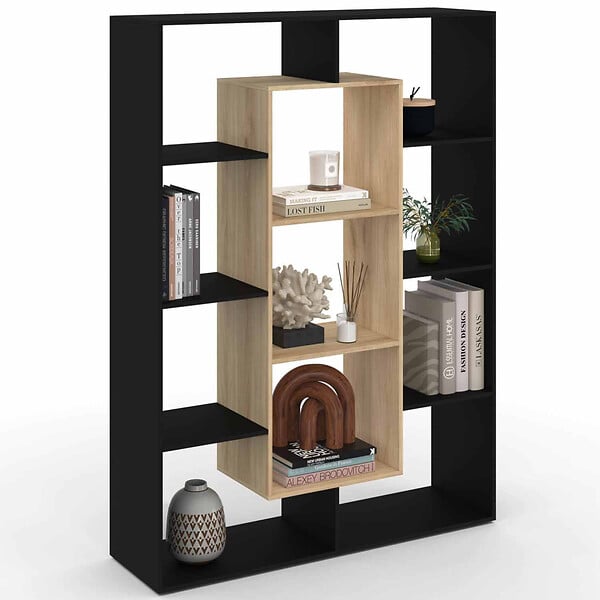 ID MARKET - Etagère bibliothèque COLETTE avec 11 compartiments noir et effet bois 143 cm - large