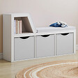 ID MARKET - Bibliothèque banc OSCAR 4 cases avec coussins gris et bacs tissus 102 cm blanc - vignette