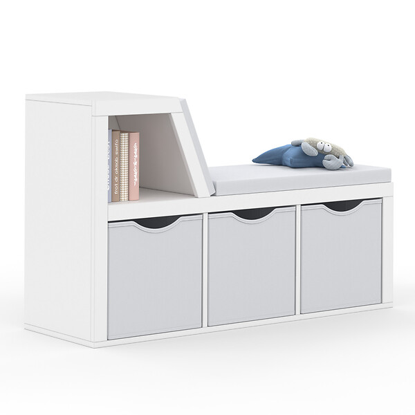 ID MARKET - Bibliothèque banc OSCAR 4 cases avec coussins gris et bacs tissus 102 cm blanc - large