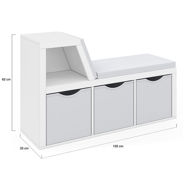 ID MARKET - Bibliothèque banc OSCAR 4 cases avec coussins gris et bacs tissus 102 cm blanc - large