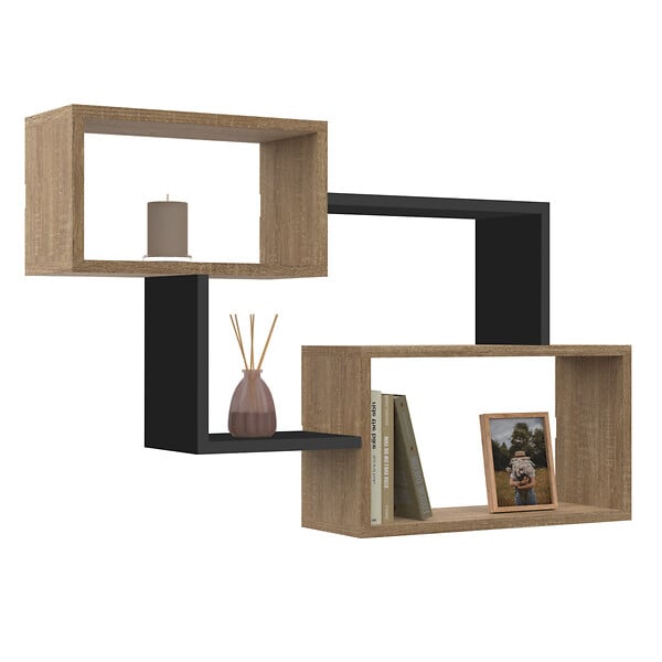 ID MARKET - Etagère murale double position LOUANE bois façon hêtre et noir - large