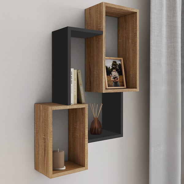 ID MARKET - Etagère murale double position LOUANE bois façon hêtre et noir - large