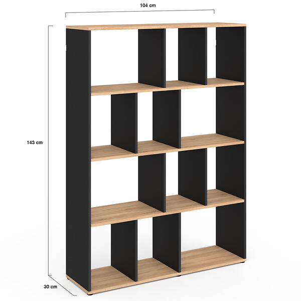 ID MARKET - Etagère bibliothèque JENA 4 niveaux noir et effet bois 143 cm - large