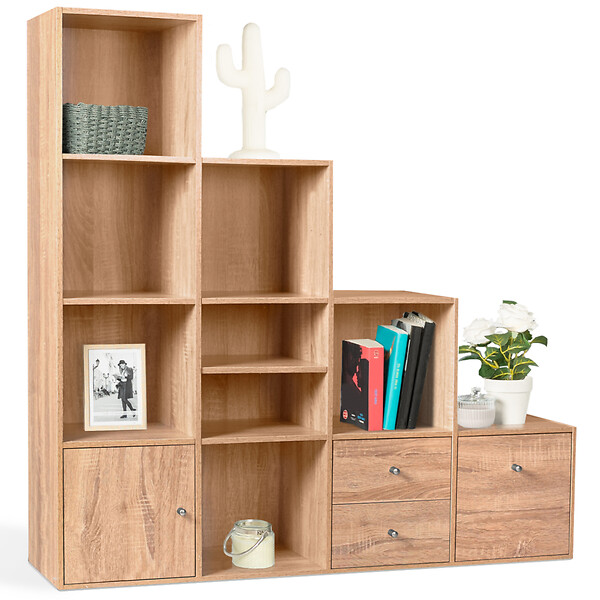 ID MARKET - Meuble de rangement en escalier LIAM 4 niveaux bois façon hêtre avec porte et tiroirs - large