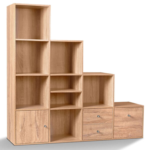 ID MARKET - Meuble de rangement en escalier LIAM 4 niveaux bois façon hêtre avec porte et tiroirs - large