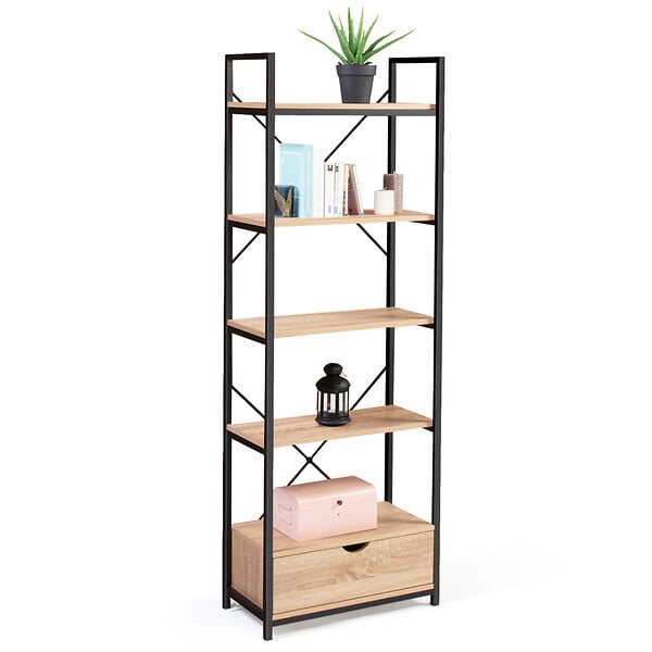 ID MARKET - Etagère 5 niveaux avec tiroir DETROIT design industriel 170 cm - large
